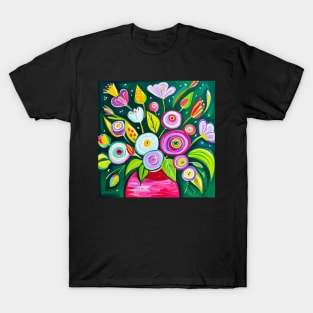 Cute Abstract Flowers in a Pink Vase Still Life Painting T-Shirt